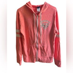 Womens Juniors Superman pink zip up jacket with hood size XL